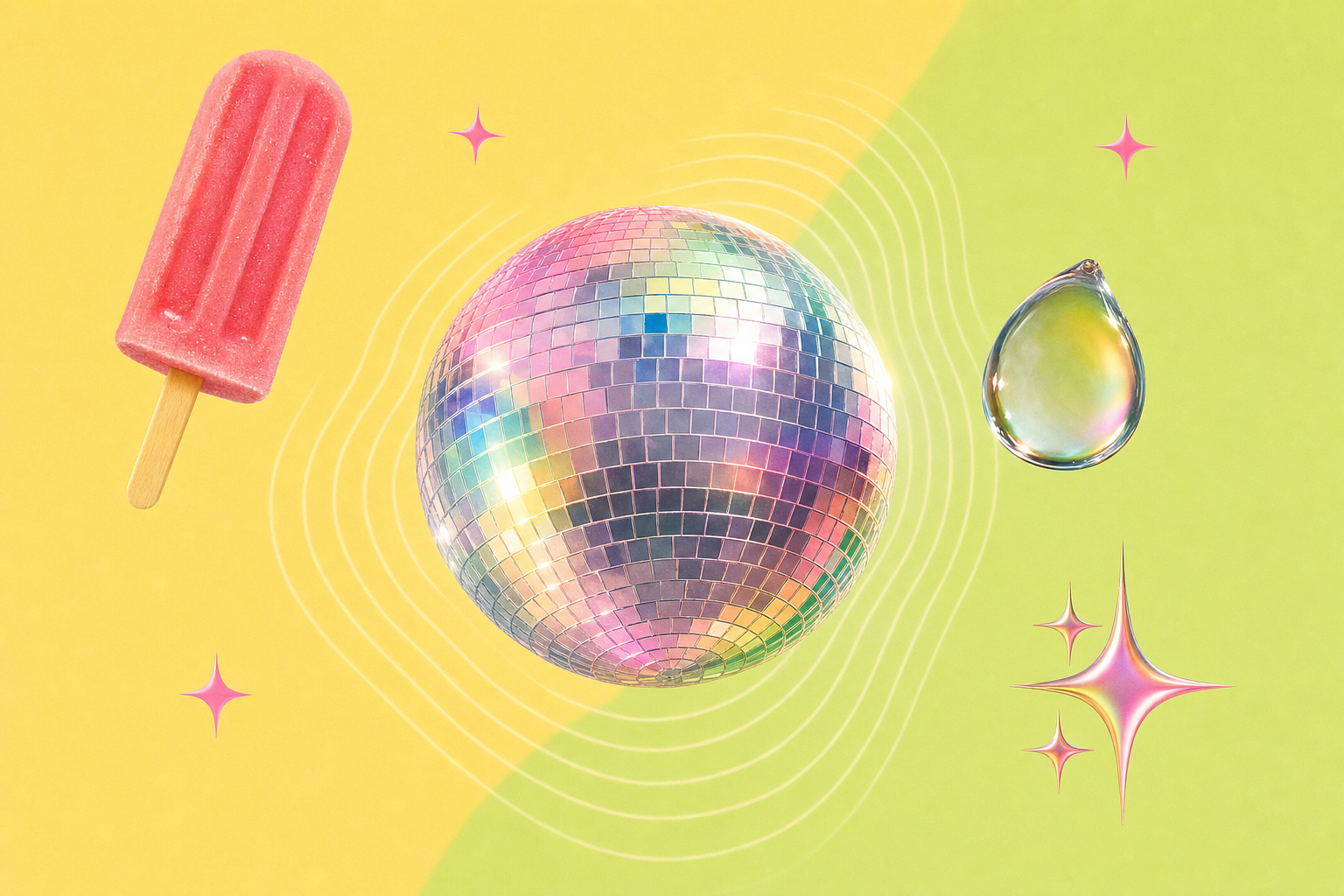 Editorial dream-collage with a glossy disco ball, soft sound waves and pastel water droplets.