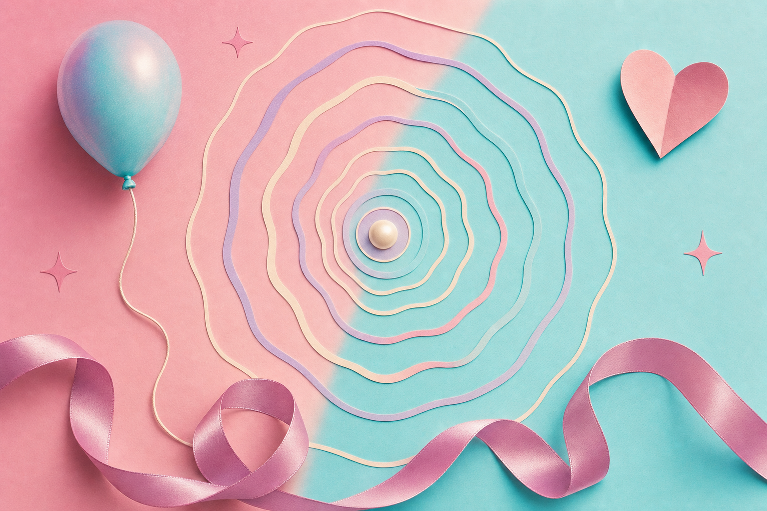 Editorial dream-collage with sound-wave outlines, a balloon and a curling silk ribbon.