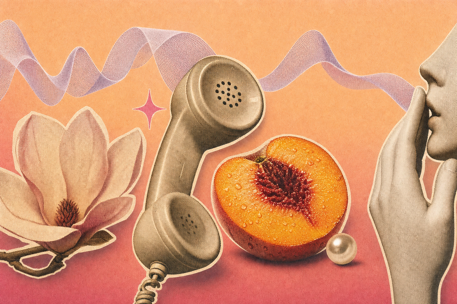 Editorial collage of a vintage telephone receiver, a halved peach, a faceless porcelain hand and a thin lavender ribbon on a soft peach-to-blush gradient — playful, audio-coded.