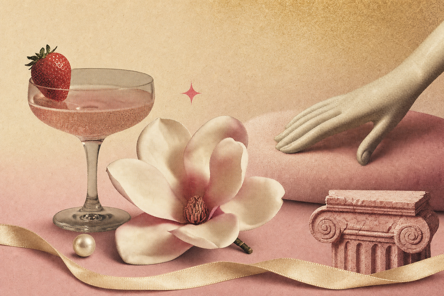 Editorial collage of a champagne coupe, a single pink magnolia, a faceless porcelain hand and a thin silk ribbon on a cream-to-blush gradient — playful, weekend-coded.