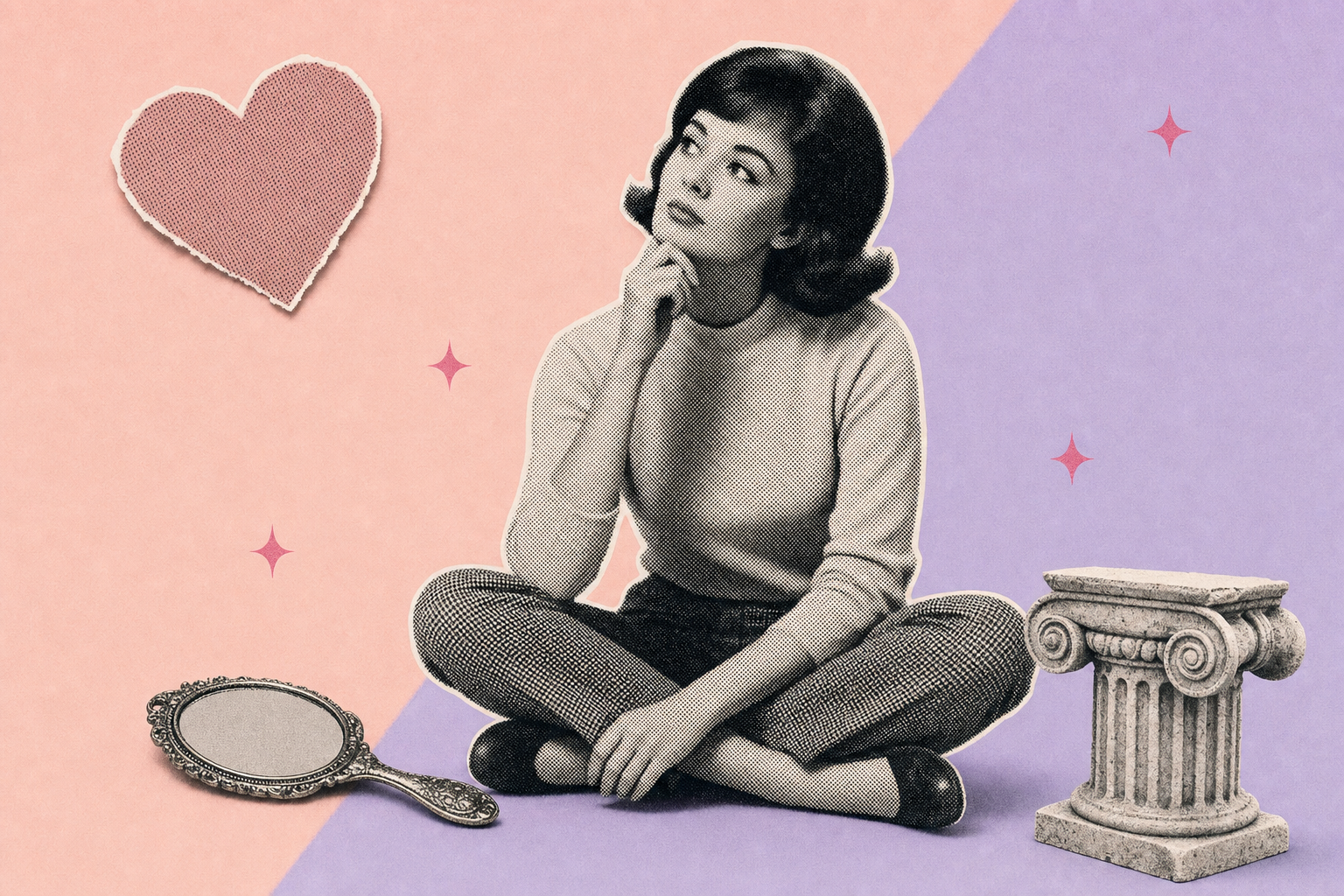Editorial halftone collage with a 1960s magazine cutout, a vintage hand-mirror and a single heart shape.