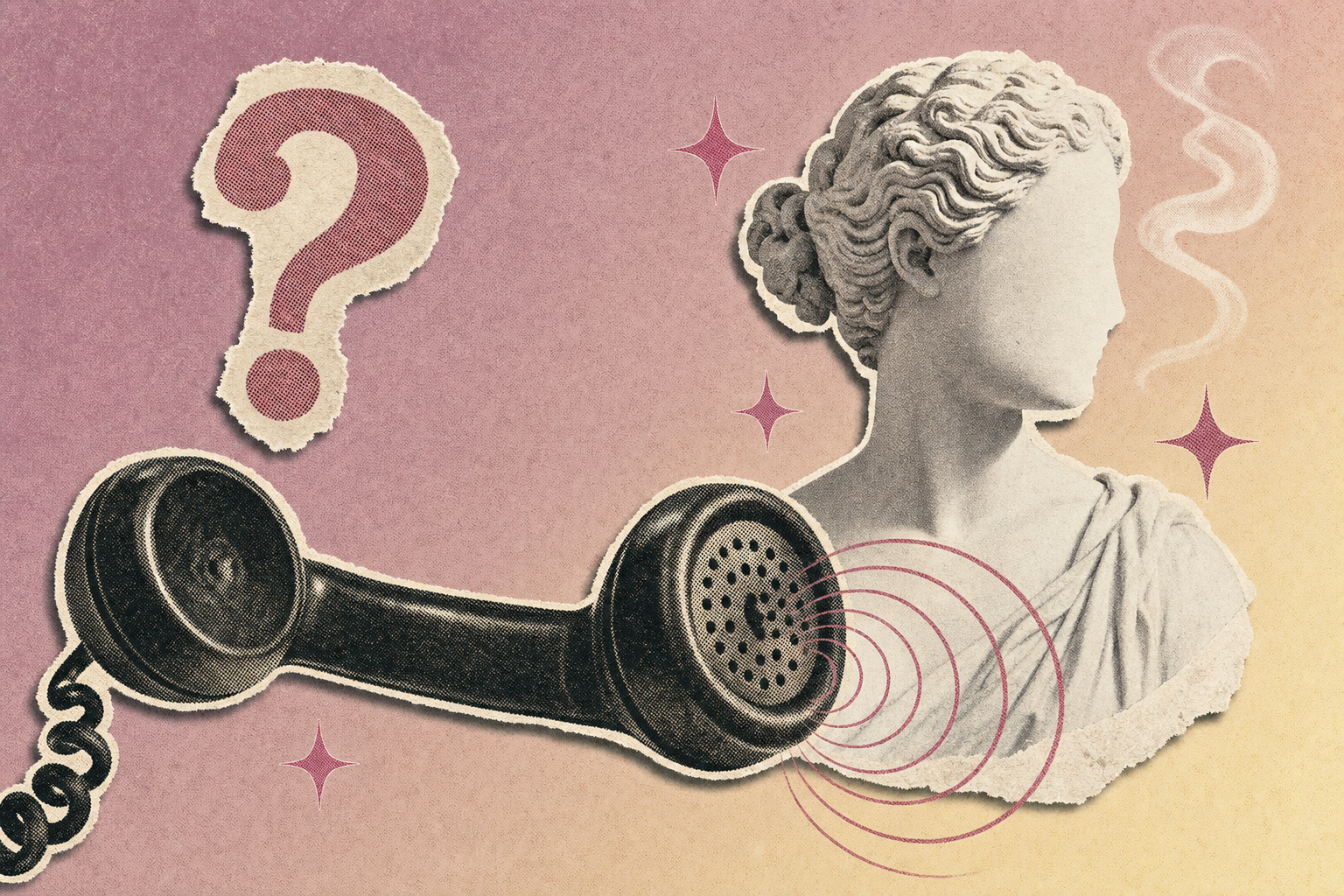Editorial collage of a vintage alarm clock, sound waves, classical bust silhouette and pink sparkle stars on pastel gradient