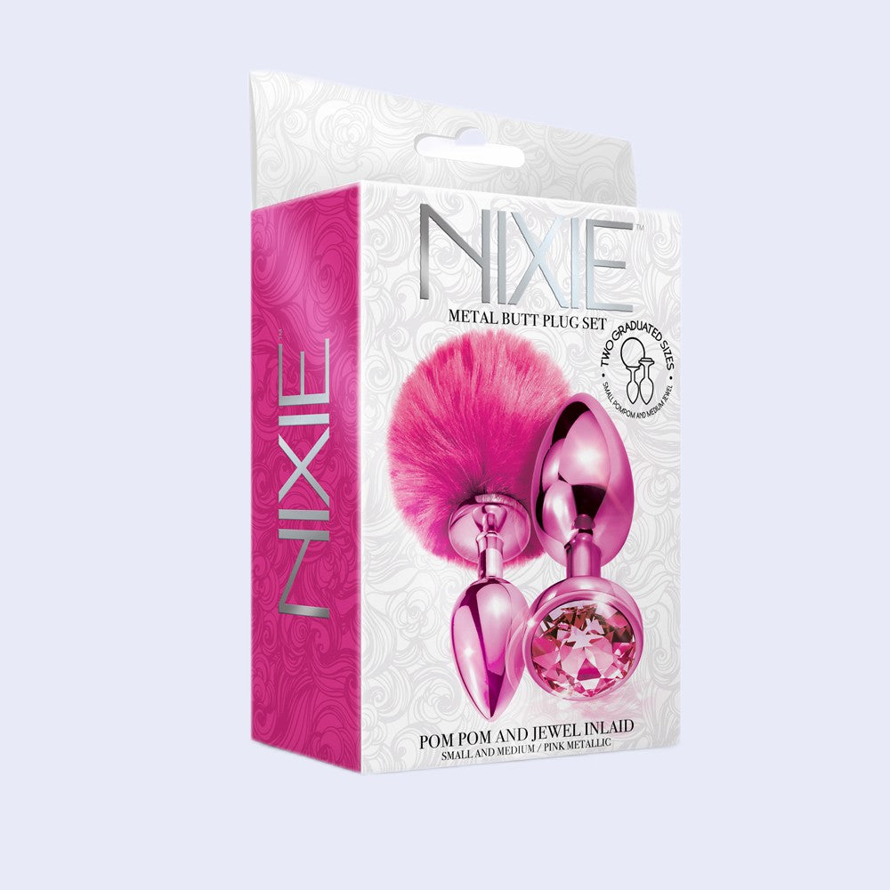 Nixie Metal Butt Plug Set with Pom Pom Tail